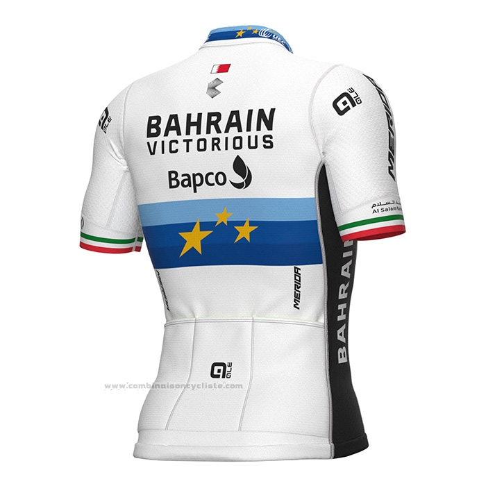 2022 Maillot Cyclisme European Champion Bahrain Victorious Bleu Blanc Manches Courtes et Cuissard
